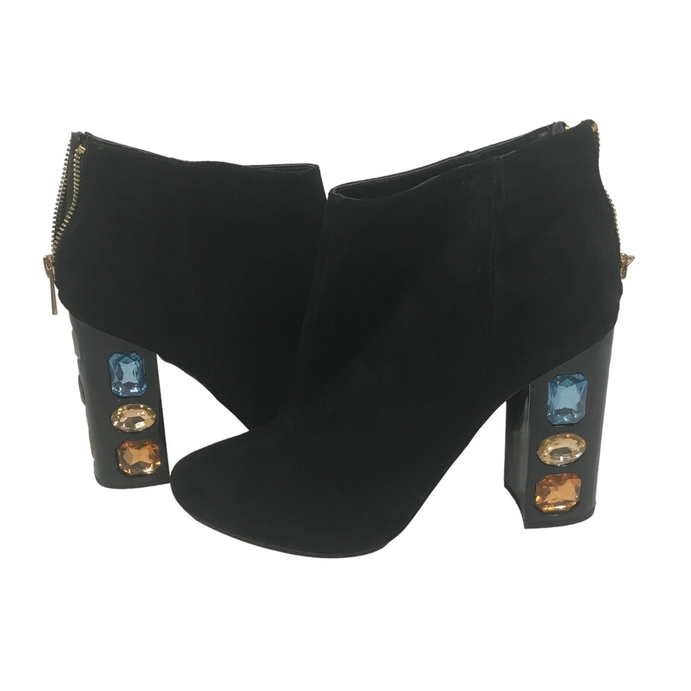 Shoedazzle Cassey Womens Size 9 Ankle Bootie Black Faux Suede Jeweled 4.5in Heel